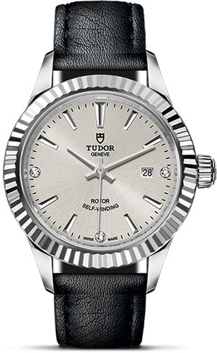Tudor Style Watch - 28 mm Steel Case - Fluted Bezel - Silver Diamond Dial - Leather Strap