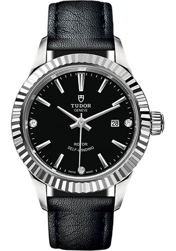 Tudor Style Watch - 28mm Steel Case - Fluted Bezel - Black Diamond Dial - Leather Strap