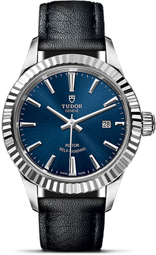 Tudor Style Watch - 28 mm Steel Case - Fluted Bezel - Blue Dial - Leather Strap