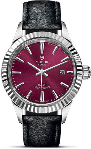 Tudor Style Watch - 28 mm Steel Case - Fluted Bezel - Burgundy Dial - Leather Strap