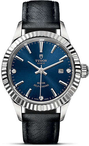 Tudor Style Watch - 28 mm Steel Case - Fluted Bezel - Blue Diamond Dial - Leather Strap
