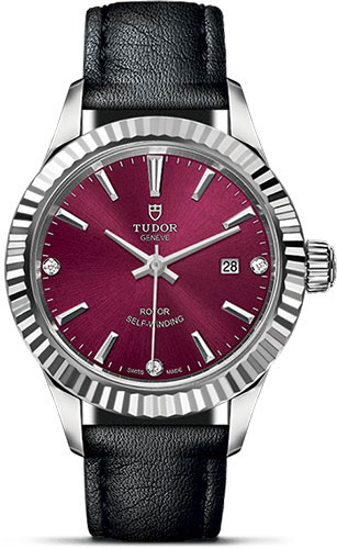 Tudor Style Watch - 28 mm Steel Case - Fluted Bezel - Burgundy Diamond Dial - Leather Strap