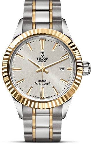 Tudor Style Watch - 28 mm Steel and Gold Case - Fluted Bezel - Silver Dial - Bracelet