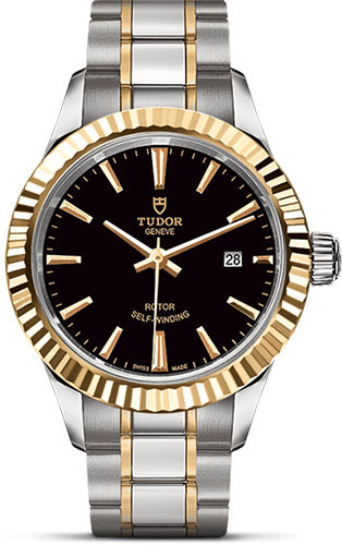Tudor Style Watch - 28 mm Steel and Gold Case - Fluted Bezel - Black Dial - Bracelet
