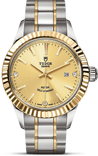 Tudor Style Watch - 28 mm Steel and Gold Case - Fluted Bezel - Champagne Diamond Dial - Bracelet