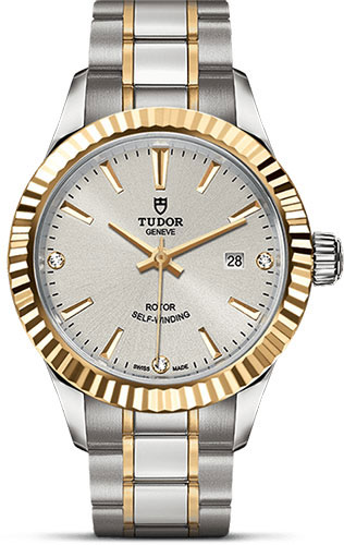 Tudor Style Watch - 28 mm Steel and Gold Case - Fluted Bezel - Silver Diamond Dial - Bracelet