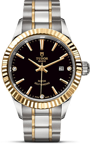 Tudor Style Watch - 28 mm Steel and Gold Case - Fluted Bezel - Black Diamond Dial - Bracelet