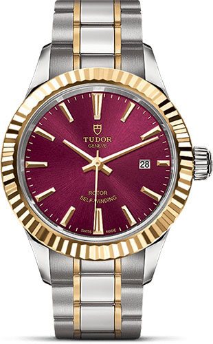 Tudor Style Watch - 28 mm Steel and Gold Case - Fluted Bezel - Burgundy Dial - Bracelet