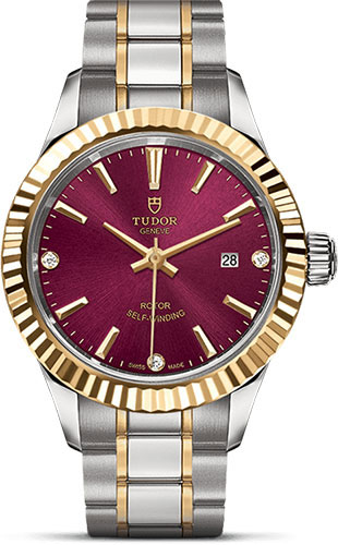 Tudor Style Watch - 28 mm Steel and Gold Case - Fluted Bezel - Burgundy Diamond Dial - Bracelet