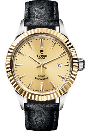 Tudor Style Watch - 28mm Steel and Gold Case - Fluted Bezel - Champagne Dial - Leather Strap