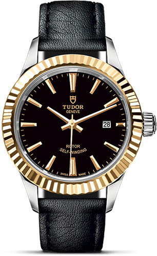 Tudor Style Watch - 28 mm Steel and Gold Case - Fluted Bezel - Black Dial - Leather Strap