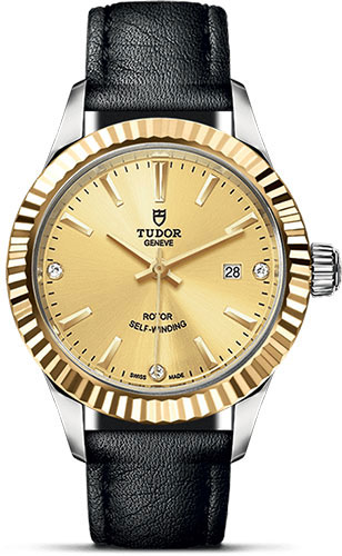 Tudor Style Watch - 28 mm Steel and Gold Case - Fluted Bezel - Champagne Diamond Dial - Leather Strap