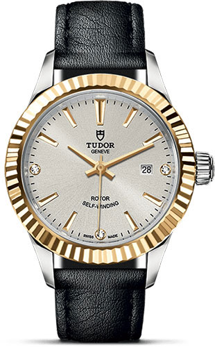 Tudor Style Watch - 28 mm Steel and Gold Case - Fluted Bezel - Silver Diamond Dial - Leather Strap