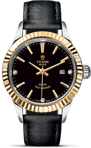 Tudor Style Watch - 28 mm Steel and Gold Case - Fluted Bezel - Black Diamond Dial - Leather Strap