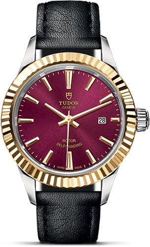 Tudor Style Watch - 28 mm Steel and Gold Case - Fluted Bezel - Burgundy Dial - Leather Strap