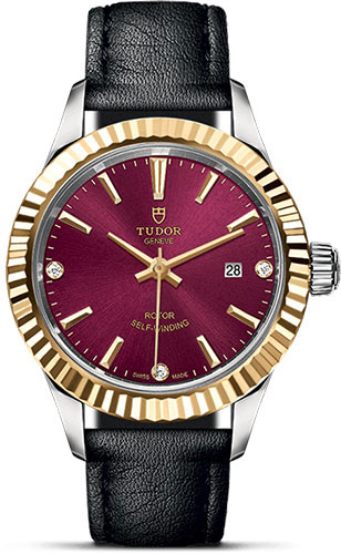 Tudor Style Watch - 28 mm Steel and Gold Case - Fluted Bezel - Burgundy Diamond Dial - Leather Strap