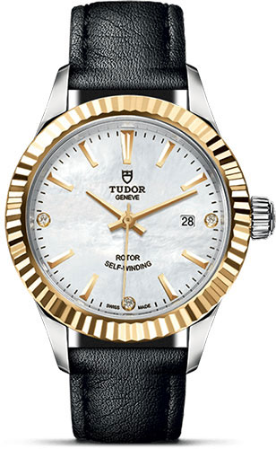 Tudor Style Watch - 28 mm Steel and Gold Case - Fluted Bezel - Gem-Set Mother-Of-Pearl Dial - Leather Strap