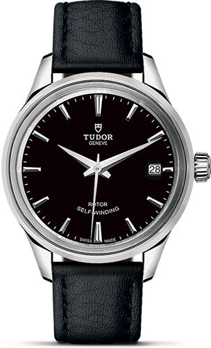 Tudor Style Watch - 34 mm Steel Case - Double Bezel - Black Dial - Leather Strap