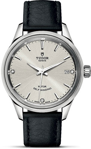 Tudor Style Watch - 34 mm Steel Case - Double Bezel - Silver Diamond Dial - Leather Strap