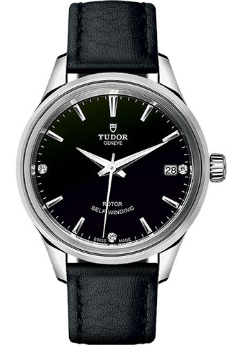 Tudor Style Watch - 34mm Steel Case - Double Bezel - Black Diamond Dial - Leather Strap
