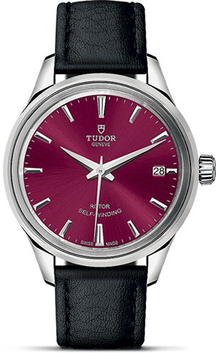 Tudor Style Watch - 34 mm Steel Case - Double Bezel - Burgundy Dial - Leather Strap