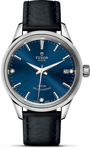 Tudor Style Watch - 34 mm Steel Case - Double Bezel - Blue Diamond Dial - Leather Strap