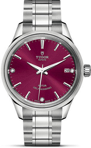 Tudor Style Watch - 34 mm Steel Case - Double Bezel - Burgundy Diamond Dial - Bracelet