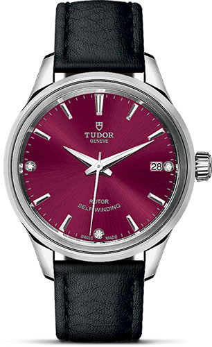 Tudor Style Watch - 34 mm Steel Case - Double Bezel - Burgundy Diamond Dial - Leather Strap
