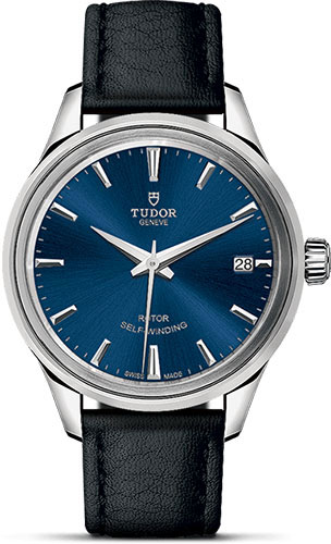 Tudor Style Watch - 34 mm Steel Case - Double Bezel - Blue Dial - Leather Strap