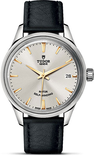 Tudor Style Watch - 34 mm Steel Case - Double Bezel - Gold Dial - Leather Strap