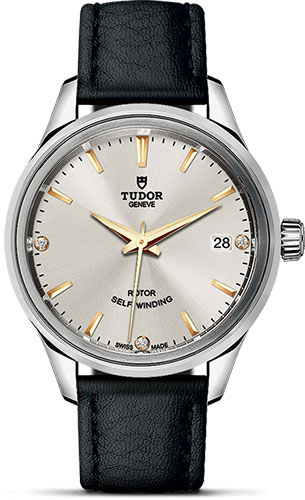 Tudor Style Watch - 34 mm Steel Case - Double Bezel - Gold Diamond Dial - Leather Strap