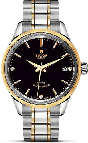 Tudor Style Watch - 34 mm Steel and Gold Case - Double Bezel - Black Diamond Dial - Bracelet