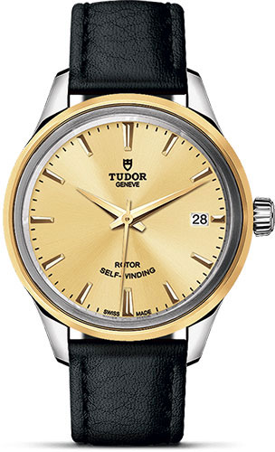 Tudor Style Watch - 34 mm Steel and Gold Case - Double Bezel - Champagne Dial - Leather Strap