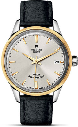 Tudor Style Watch - 34 mm Steel and Gold Case - Double Bezel - Silver Dial - Leather Strap