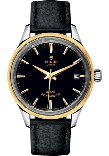 Tudor Style Watch - 34mm Steel and Gold Case - Double Bezel - Black Dial - Leather Strap