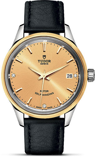 Tudor Style Watch - 34 mm Steel and Gold Case - Double Bezel - Champagne Diamond Dial - Leather Strap