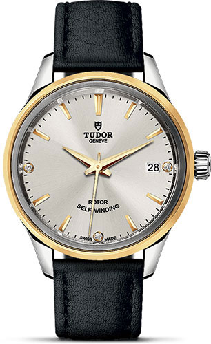 Tudor Style Watch - 34 mm Steel and Gold Case - Double Bezel - Silver Diamond Dial - Leather Strap
