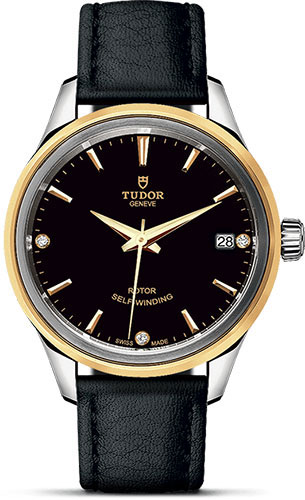 Tudor Style Watch - 34 mm Steel and Gold Case - Double Bezel - Black Diamond Dial - Leather Strap