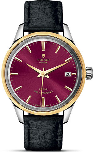 Tudor Style Watch - 34 mm Steel and Gold Case - Double Bezel - Burgundy Dial - Leather Strap
