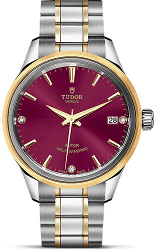 Tudor Style Watch - 34 mm Steel and Gold Case - Double Bezel - Burgundy Diamond Dial - Bracelet