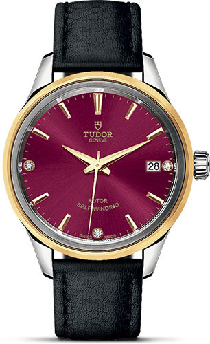 Tudor Style Watch - 34 mm Steel and Gold Case - Double Bezel - Burgundy Diamond Dial - Leather Strap
