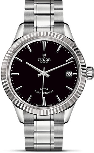 Tudor Style Watch - 34 mm Steel Case - Fluted Bezel - Black Dial - Bracelet
