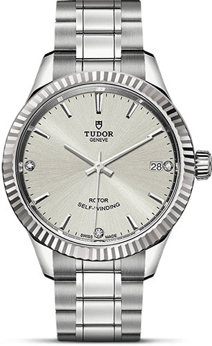 Tudor Style Watch - 34 mm Steel Case - Fluted Bezel - Silver Diamond Dial - Bracelet