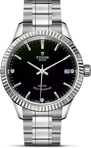 Tudor Style Watch - 34 mm Steel Case - Fluted Bezel - Black Diamond Dial - Bracelet