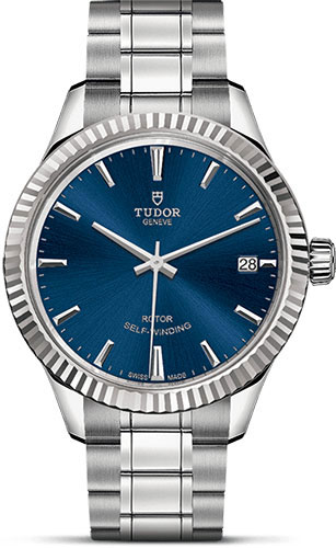 Tudor Style Watch - 34 mm Steel Case - Fluted Bezel - Blue Dial - Bracelet