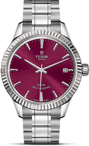 Tudor Style Watch - 34 mm Steel Case - Fluted Bezel - Burgundy Dial - Bracelet