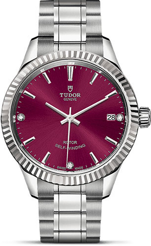 Tudor Style Watch - 34 mm Steel Case - Fluted Bezel - Burgundy Diamond Dial - Bracelet