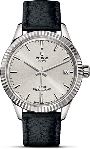 Tudor Style Watch - 34 mm Steel Case - Fluted Bezel - Silver Dial - Leather Strap