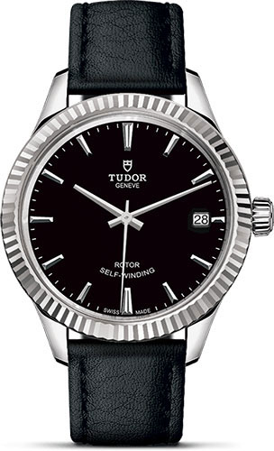 Tudor Style Watch - 34 mm Steel Case - Fluted Bezel - Black Dial - Leather Strap