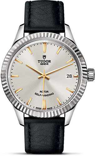 Tudor Style Watch - 34 mm Steel Case - Fluted Bezel - Gold Dial - Leather Strap